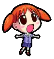 a pixel art drawing of a little girl with red hair and a purple skirt .
