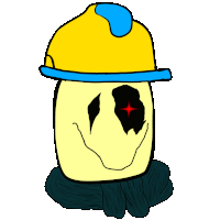a drawing of a smiley face wearing a yellow hard hat and scarf