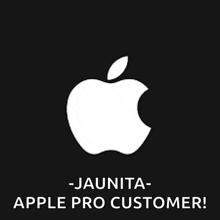 a white apple logo on a black background with the words jaunita apple pro customer below it