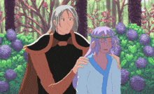 a cartoon drawing of a man and a woman in a forest