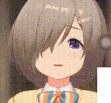 a close up of a cartoon girl with short hair and purple eyes wearing a tie .