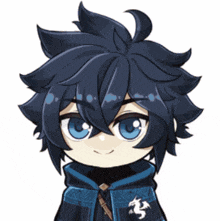 a cartoon character with blue eyes and a dragon on his chest