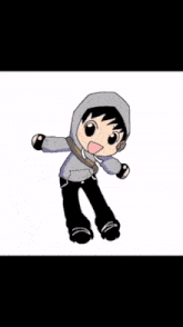 a cartoon of a boy wearing a grey hoodie