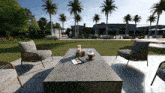an artist 's impression of a patio with chairs and a coffee table