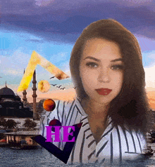 a woman in a striped shirt stands in front of a mosque and a river with the word he in the corner