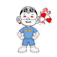 a cartoon character wearing a wow shirt and shorts