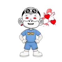 a cartoon character wearing a wow shirt and shorts