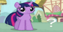 twilight sparkle is a purple pony from my little pony standing in front of a building with a question mark .