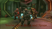 a video game scene with the words " you 're job is rock and stone " in red