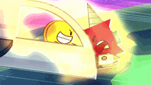 a cartoon character is driving a car with a smiley face in the window
