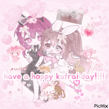 a picture of two girls with rabbits and the words have a hoppy kafrai day !!!