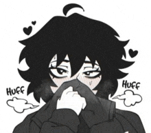 a black and white drawing of a person covering their face with a jacket .