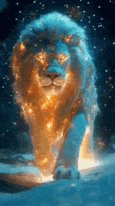 a lion with glowing eyes is walking on a snowy surface