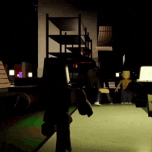 a computer generated image of a person walking in a dark room