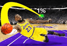 a basketball player wearing a lakers jersey is laying on the court