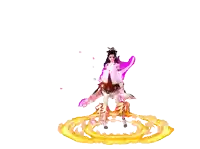 a woman holding a sword in front of a purple and gold background