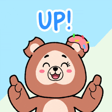 a cartoon bear is giving a thumbs up and the word up is above him
