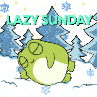 a green frog is laying in the snow with the words lazy sunday written above it