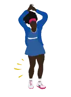 a cartoon drawing of a woman in a blue dress jumping in the air