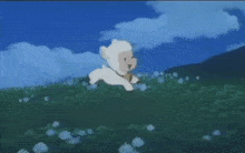 a sheep is hanging from a tree branch with flowers in the background