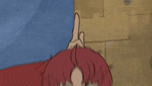 a boy with red hair is pointing up in front of a box that says pet
