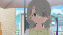 a cartoon girl with gray hair and pink eyes stands under an umbrella