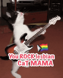 a black and white cat is playing a guitar with the words you rock lesbian cat mama behind it