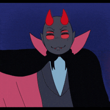 a cartoon drawing of a vampire with red horns and a cape