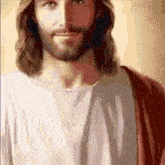 a painting of jesus with a white shirt and red robe