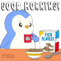 a penguin is drinking a cup of coffee next to a bowl of fish flakes