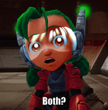 a cartoon character with green hair is asking the question both