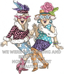 a cartoon of two women standing next to each other with the words we were once young and beautiful now we are just beautiful