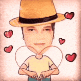 a cartoon of a man wearing a hat and surrounded by hearts