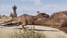 two dinosaurs are running in a field with a lighthouse behind them