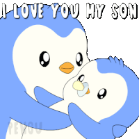 a penguin holding a baby penguin with the words " i love you my son "