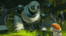 a robot is standing next to a small mushroom in a field
