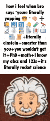a picture of albert einstein with a caption that says how i feel when bro says youre literally yapping