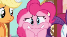 pinkie pie making a funny face while standing next to applejack and rarity