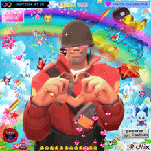 a man in a red jacket making a heart shape with his hands surrounded by rainbows and hearts