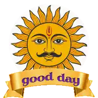 a drawing of a sun with a mustache and the words good day below it