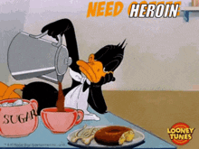 a cartoon of a duck pouring coffee into a cup with sugar on it