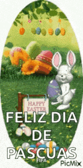 a happy easter greeting card with a bunny holding an easter egg
