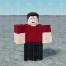 a roblox character wearing a red shirt and black pants is standing on a beach .