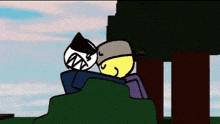 a cartoon of two stick figures hugging each other while sitting on a hill .
