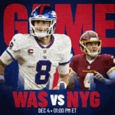 an advertisement for a game between the giants and the washington redskins