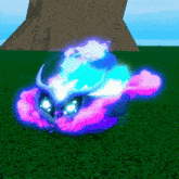 a cartoon character with horns is surrounded by purple and blue smoke