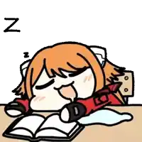 a cartoon of a girl sleeping on a table with a book .