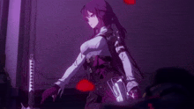 a girl with red hair is standing in a dark room with a purple background and a light coming out of her hands .