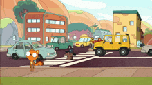a cartoon scene with a yellow car and a squirrel crossing the street