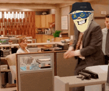 a man wearing a hat that says supreme on it is dancing in an office